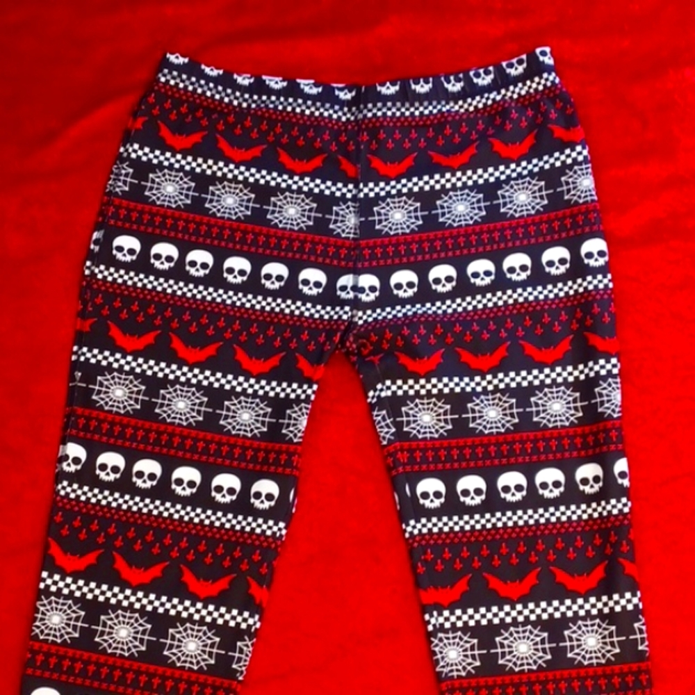 DOLLSKILL GRAVE GIRLS GOTH XMAS LEGGINGS RED/BLACK 1X PULL ON